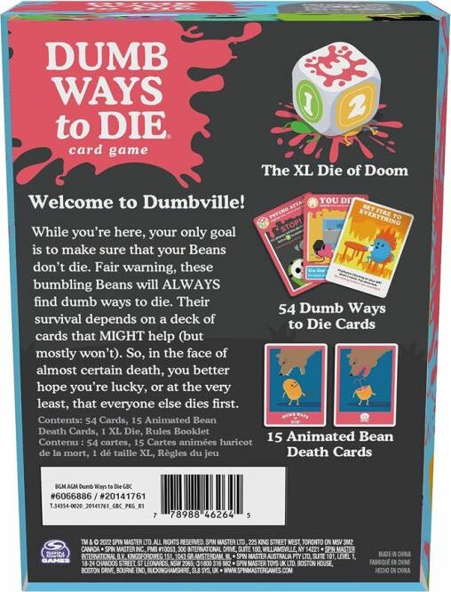 Dumb Ways to Die, The Game! by Spinmaster is a humorous card game where players aim to keep animated bean characters alive amidst hilarious threats. The box features vibrant graphics, including the XL Die of Doom and several example cards illustrating various comical death scenarios that Beans might face. Ideal for party settings, it encourages laughter and strategy while navigating through the chaotic world of Dumbville.