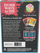 Dumb Ways to Die, The Game! by Spinmaster is a humorous card game where players aim to keep animated bean characters alive amidst hilarious threats. The box features vibrant graphics, including the XL Die of Doom and several example cards illustrating various comical death scenarios that Beans might face. Ideal for party settings, it encourages laughter and strategy while navigating through the chaotic world of Dumbville.