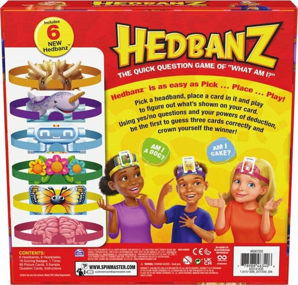 Hedbanz 2nd Edition game box by Spinmaster showcasing the colorful design. The back of the box features instructions, character illustrations, and headbands for players to wear, engaging in a guessing game. Players use clues to identify what’s on their cards, making it a fun activity for family and friends.