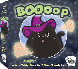 Booop. game box featuring a cartoon black cat wearing a purple witch hat surrounded by cute ghost illustrations. The design includes playful text that reads 'Booop.' and highlights it as a game for two clever players aged 10 and up. Perfect for Halloween fun and family game nights.