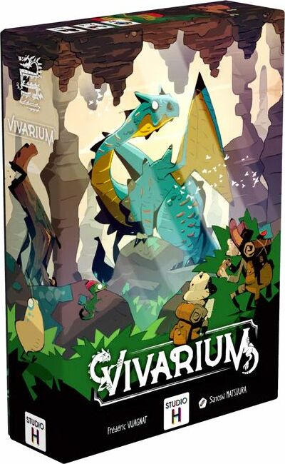 The 'Vivarium' game box by STUDIO H features vibrant artwork depicting a fantastical landscape with a colorful dragon and adventurous characters. The title 'Vivarium' is prominently displayed at the top, showcasing elements of exploration and fantasy. The dynamic illustrations invite players into a mystical world of strategy and adventure.