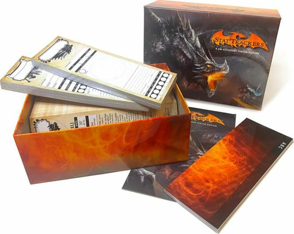 Stat Trackers Core Set for D&D 5e by TopDog Games. Includes a decorative box with fiery design, character tracking sheets, and additional gameplay accessories.