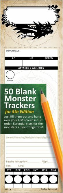 A product image showcasing StatTrac: Monster Trackers5e by TopDog Games. The image features a vertical layout with a blank monster tracker sheet, designed for tabletop role-playing games. It includes sections for creature name, attributes like AC, HP, speed, and various stats that players can fill in. A yellow pencil is placed alongside the tracker, emphasizing its usage for player's game sessions.