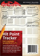 The StatTrac Hit Point TrackerPad by TopDog Games is designed for tracking hit points in tabletop games. It features a grid layout with sections for various characters such as Orcs and Goblins. The pad contains 50 sheets, each measuring 5" x 7", making it convenient for players to easily cross out damage taken and erase points as characters heal. The design includes a pencil placed on the pad, highlighting its functionality for gaming sessions.