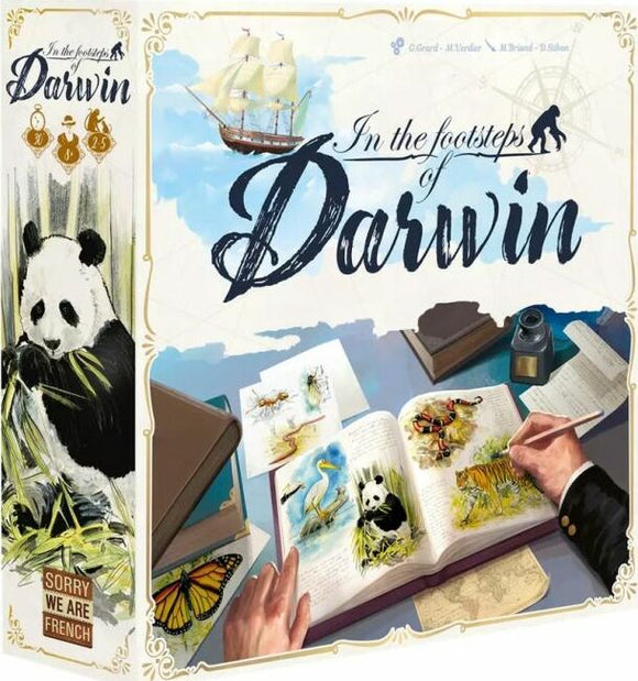 The box cover of the game 'In the Footsteps of Darwin' by Sorry We Are French. It features a panda, sketches of various animals, and a ship sailing on water. The scene includes a hand writing notes in a book surrounded by illustrations of nature, emphasizing exploration and discovery.