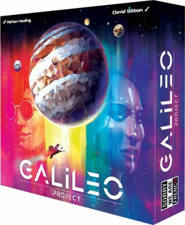 Galileo Project game box by Sorry We Are French, featuring vibrant artwork of celestial bodies, including a large planet and colorful cosmic backgrounds. Illustrations of a space explorer and a female figure are also present, showcasing the game's sci-fi theme.
