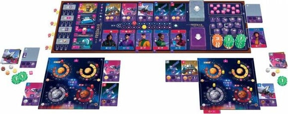 The Galileo Project board game laid out on a table, featuring colorful game boards and cards depicting space themes. Multiple player pieces, tokens, and dice are spread across the game area, showcasing vibrant graphics and intricate designs that enhance gameplay. The main board displays player roles and various game mechanics focused on exploration and strategy.