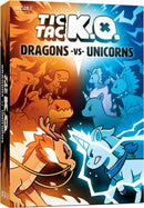 Tic Tac K.O. Dragons vs Unicorns game box featuring illustrated characters. On the left, fierce dragons in orange hues, and on the right, whimsical unicorns in blue tones, set against a dynamic background showcasing the conflict between the two mythical creatures.