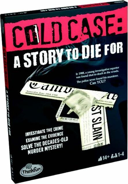 Cold Case - A Story to Die For board game by ThinkFun. This crime investigation game challenges players to examine evidence and solve a decades-old murder mystery involving a young investigative reporter found dead in 1988. The game box features striking visuals with newspaper clippings and highlights the mystery-solving aspect for 1-4 players aged 14 and up.