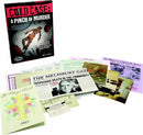 A variety of clue cards and evidence sheets spread out, featuring newspaper articles, event flyers, and documents related to a fictional murder mystery. At the back, the box for 'Cold Case: A Pinch of Murder' by ThinkFun is visible, highlighting the game's title and imagery.