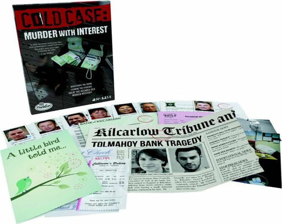 Cold Case: Murder with Interest game by ThinkFun, featuring a mystery investigation kit. Includes various documents such as newspapers, photos of suspects, and clues for players to solve the murder mystery.