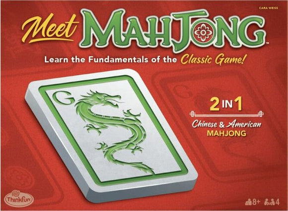 Meet Mahjong is a mechanical puzzle by ThinkFun, designed to teach the fundamentals of classic Mahjong. It features a dragon tile on its cover and offers a 2-in-1 gameplay experience, including both Chinese and American Mahjong rules. Ideal for ages 8 and up, this engaging game promotes strategic thinking and social interaction.