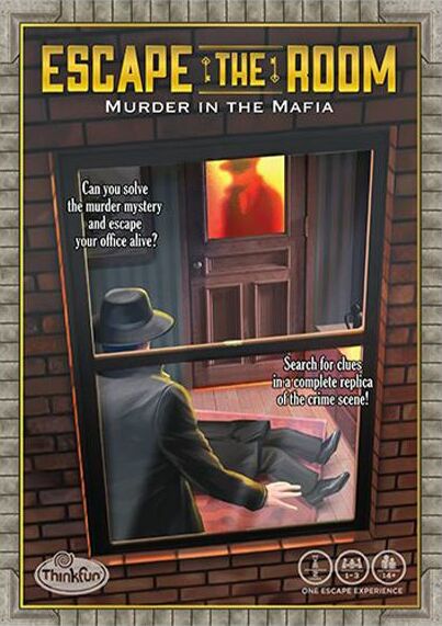 Escape the Room: Murder in the Mafia board game by ThinkFun, featuring a mysterious scene with a detective looking through a window. The game challenges players to solve a murder mystery and find clues to escape a crime scene.