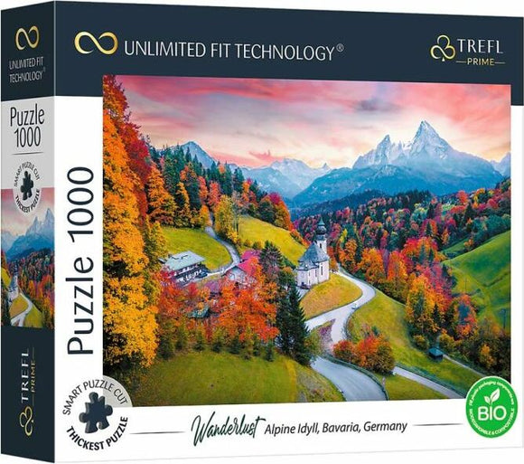 Wanderlust Alpine Bavaria jigsaw puzzle by Trefl. The packaging features a picturesque landscape scene of the Bavarian Alps, showcasing vibrant autumn foliage, rolling hills, and majestic mountains under a clear blue sky. The puzzle contains 1000 pieces and is designed with Unlimited Fit Technology for a seamless assembly experience.