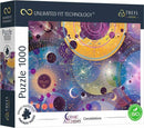 Trefl's Cosmic Alchemy Constellations jigsaw puzzle featuring a vibrant design of celestial bodies, constellations, and cosmic elements, designed for puzzlers of all ages. This 1000-piece puzzle highlights astronomical illustrations and is made with high-quality materials to ensure a rewarding assembling experience.