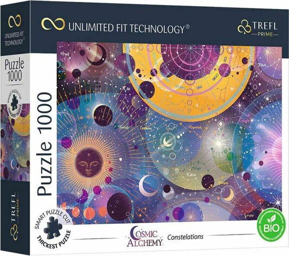 Trefl's Cosmic Alchemy Constellations jigsaw puzzle featuring a vibrant design of celestial bodies, constellations, and cosmic elements, designed for puzzlers of all ages. This 1000-piece puzzle highlights astronomical illustrations and is made with high-quality materials to ensure a rewarding assembling experience.
