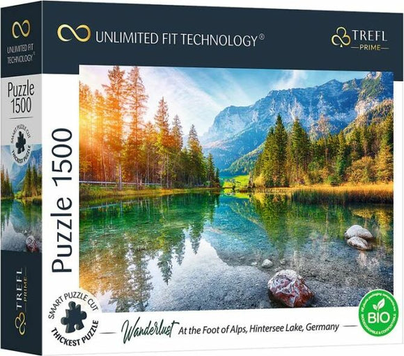 A beautifully illustrated jigsaw puzzle featuring a scenic view of Hintersee Lake in Germany, surrounded by majestic mountains and lush trees. This representation captures the serene and natural beauty of the Alps, making it a perfect choice for puzzle enthusiasts and nature lovers alike.