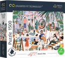 The Everyday Joy Botanic Vibes jigsaw puzzle by Trefl features a vibrant illustration of people enjoying a plant-filled space, surrounded by various houseplants, art supplies, and creative activities. This 1500-piece puzzle offers a delightful challenge for puzzle enthusiasts.