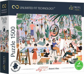 The Everyday Joy Botanic Vibes jigsaw puzzle by Trefl features a vibrant illustration of people enjoying a plant-filled space, surrounded by various houseplants, art supplies, and creative activities. This 1500-piece puzzle offers a delightful challenge for puzzle enthusiasts.