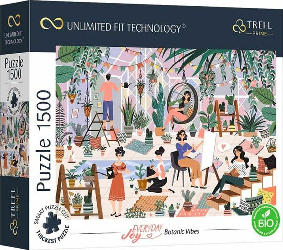 The Everyday Joy Botanic Vibes jigsaw puzzle by Trefl features a vibrant illustration of people enjoying a plant-filled space, surrounded by various houseplants, art supplies, and creative activities. This 1500-piece puzzle offers a delightful challenge for puzzle enthusiasts.