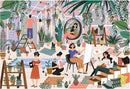 A vibrant jigsaw puzzle titled 'Everyday Joy Botanic Vibes' by Trefl, depicting an indoor garden scene with people engaged in various activities. The illustration features lush plants, colorful decorations, and individuals watering plants, painting, and relaxing in a cozy, creative environment, showcasing a harmonious blend of nature and creativity.
