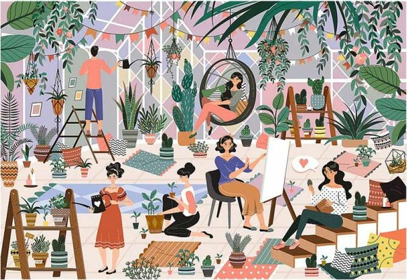 A vibrant jigsaw puzzle titled 'Everyday Joy Botanic Vibes' by Trefl, depicting an indoor garden scene with people engaged in various activities. The illustration features lush plants, colorful decorations, and individuals watering plants, painting, and relaxing in a cozy, creative environment, showcasing a harmonious blend of nature and creativity.