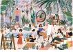 A colorful jigsaw puzzle titled 'Everyday Joy Botanic Vibes' by Trefl, depicting various people enjoying activities in a lush, greenery-filled environment. The scene includes individuals gardening, painting, and relaxing amidst vibrant plants and artwork, creating a lively and joyful atmosphere.