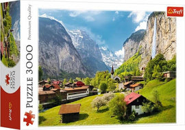 A picturesque jigsaw puzzle by Trefl featuring the stunning landscape of Lauterbrunnen, Switzerland. The scene showcases lush green hills, charming wooden chalets, a quaint village, and dramatic mountains in the backdrop with waterfalls cascading down the cliffs. This premium quality 3000-piece puzzle invites nature lovers and puzzle enthusiasts alike to immerse themselves in the beauty of Switzerland.