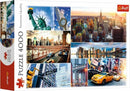 Trefl New York collage jigsaw puzzle with 4000 pieces featuring iconic scenes from New York City including the Statue of Liberty, Brooklyn Bridge, and city skyline, beautifully captured in vibrant colors.