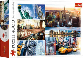 Trefl New York collage jigsaw puzzle with 4000 pieces featuring iconic scenes from New York City including the Statue of Liberty, Brooklyn Bridge, and city skyline, beautifully captured in vibrant colors.