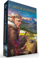 The game 'Cartographers: A Roll Player Tale' by ThunderWorks Games features a beautifully illustrated box cover depicting an elderly man with goggles and a small creature sitting at a map, surrounded by mountains and forests. The art showcases the adventurous and strategic nature of the game.