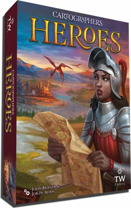 The game box for 'Cartographers Heroes' by ThunderWorks Games features a vivid illustration of a female knight in armor holding a map, with a scenic backdrop of mountains and castle ruins. The title 'CARTOGRAPHERS HEROES' is prominently displayed in bold letters on the side of the box.