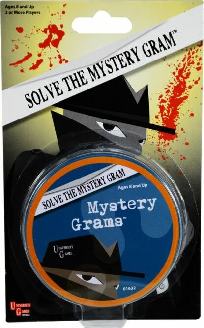 Mystery Grams by University Games features a circular, spy-themed packaging. The design includes a mysterious figure in a fedora, with a tagline urging players to 'Solve the Mystery Gram'. Suitable for ages 8 and up and designed for 2 or more players, this product invites users to engage in a thrilling detective game.