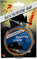 Mystery Grams by University Games features a circular, spy-themed packaging. The design includes a mysterious figure in a fedora, with a tagline urging players to 'Solve the Mystery Gram'. Suitable for ages 8 and up and designed for 2 or more players, this product invites users to engage in a thrilling detective game.