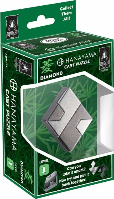 The Hanayama Cast Diamond mechanical puzzle featuring a sleek, metallic design, presented in an eye-catching green and black box. This puzzle challenges the user to take it apart and reassemble it, testing both problem-solving skills and dexterity. Rated as level 1 difficulty, it is suitable for ages 12 and up.