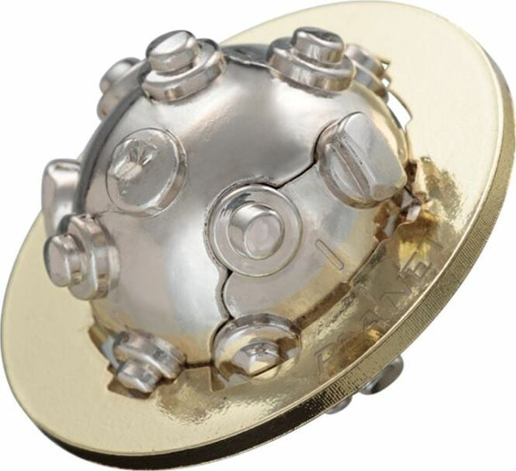 A close-up view of the Cast Planet mechanical puzzle by Hanayama. The puzzle features a shiny metallic sphere with intricate details and a circular base, showcasing its complex design and craftsmanship. Ideal for puzzle enthusiasts seeking a challenging and engaging experience.