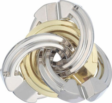 The Cast Cyclone is a beautifully crafted mechanical puzzle by Hanayama, featuring interlocking metal pieces in silver and gold finishes. The design showcases a complex arrangement, inviting users to engage in problem-solving and critical thinking as they work to untangle the pieces. Ideal for puzzle enthusiasts and collectors, this intricate puzzle is both a decorative piece and a challenging brain teaser.