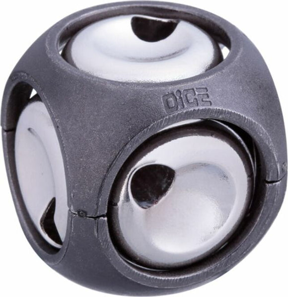 Hanayama Cast Dice mechanical puzzle features a unique design with smooth silver spheres encased in a matte black framework. The interconnected spheres challenge users to manipulate them, creating an engaging puzzle experience. Suitable for puzzle enthusiasts and collectors.
