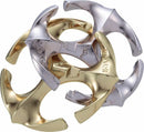 A Cast Rotor mechanical puzzle made by Hanayama, featuring interlocking metal pieces in shiny gold and silver finishes. The puzzle consists of four curved and angular sections that fit together intricately, challenging users to disassemble and reassemble the components. The design showcases elegance and complexity, making it a visually appealing and stimulating puzzle for enthusiasts.