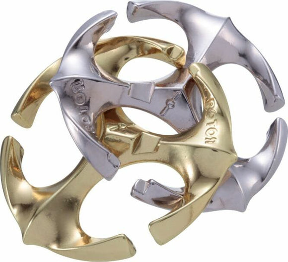A Cast Rotor mechanical puzzle made by Hanayama, featuring interlocking metal pieces in shiny gold and silver finishes. The puzzle consists of four curved and angular sections that fit together intricately, challenging users to disassemble and reassemble the components. The design showcases elegance and complexity, making it a visually appealing and stimulating puzzle for enthusiasts.