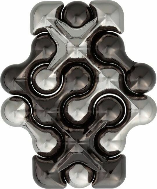 The Cast Dot by Hanayama is an intricate mechanical puzzle featuring a unique design with interlocking shapes and smooth, glossy surfaces. The puzzle showcases a combination of dark and light shades, creating a striking visual appeal. Perfect for enhancing problem-solving skills and providing hours of engaging entertainment.