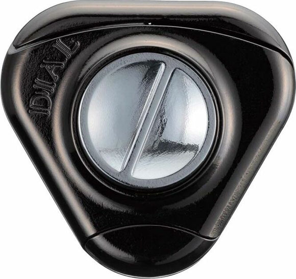 The Hanayama Cast Dial is a mechanical puzzle featuring a sleek, triangular black design with a shiny silver dial in the center. The surface is smooth, with engraved lettering on one side, making it visually appealing and functional for puzzle enthusiasts.