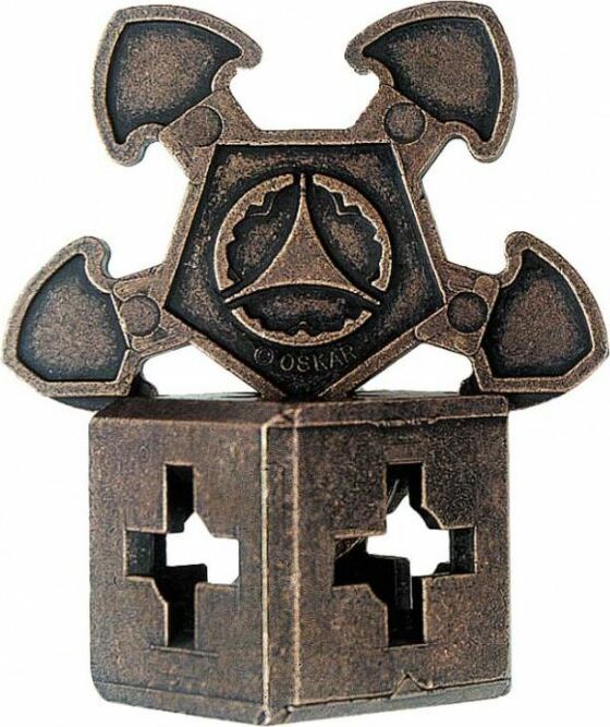 A detailed view of the Cast O'Gear mechanical puzzle by Hanayama. The puzzle features a unique, intricate design with interlocking gears and a robust, metallic finish. Its geometric shapes provide a challenging yet engaging experience for puzzle enthusiasts.