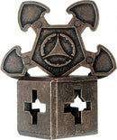 A detailed view of the Cast O'Gear mechanical puzzle by Hanayama. The puzzle features a unique, intricate design with interlocking gears and a robust, metallic finish. Its geometric shapes provide a challenging yet engaging experience for puzzle enthusiasts.