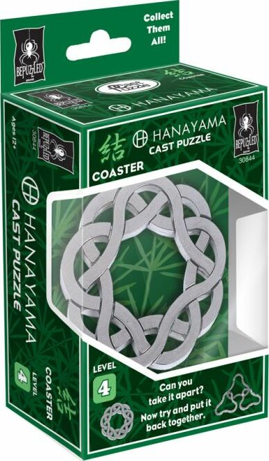 Hanayama Cast Coaster Mechanical Puzzle. The puzzle is intricately designed with a silver interlocking structure resembling a coaster, contained in a colorful green box featuring the brand logo and instructions. It is rated Level 4 for difficulty, appealing to puzzle enthusiasts looking for a challenge.