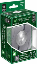 The Hanayama Cast Marble puzzle, a mechanical puzzle presented in a vibrant, green and black packaging with an intricate, metallic design of an oval marble shape. The puzzle is rated Level 4 for difficulty. The package shows the question 'Can you take it apart? Now try and put it back together!', featuring a glimpse of the puzzle's intricate pieces and showcasing the brand name and puzzle collection.