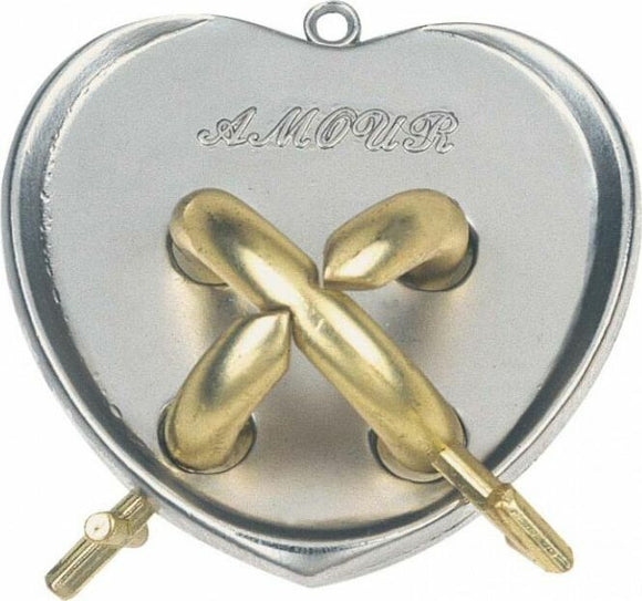 Hanayama Cast Amour mechanical puzzle featuring a decorative heart-shaped design with the word 'AMOUR' engraved on the silver surface. The puzzle incorporates intertwined golden metal pieces, presenting a challenging and fun brain teaser for puzzle enthusiasts.