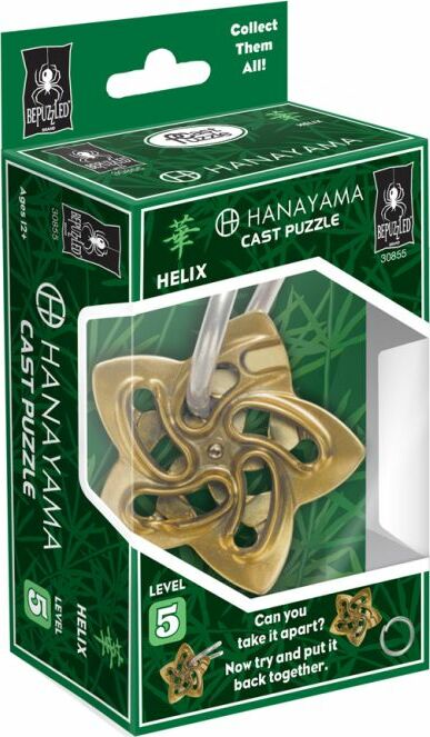 The Cast Helix puzzle by Hanayama showcases a beautifully designed mechanical puzzle with a unique helix shape. It features intricate loops and cutouts, all housed in a vibrant packaging that promotes critical thinking and problem-solving skills. This challenging puzzle is ideal for enthusiasts looking to test their dexterity and cognitive abilities.
