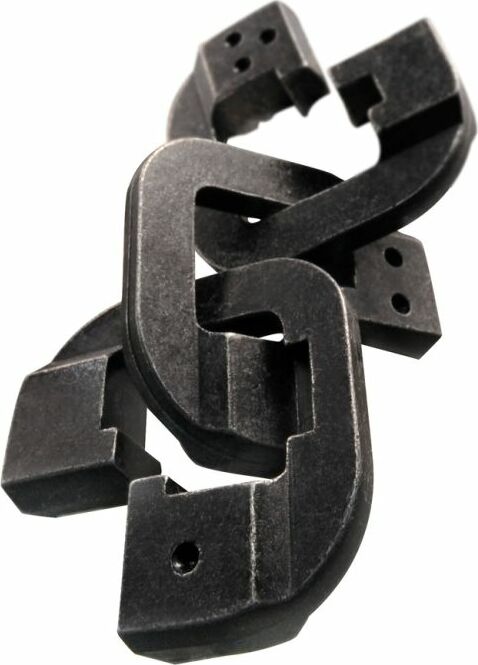 The Hanayama Cast Chain is a unique mechanical puzzle consisting of three interlocking pieces, crafted from durable black metal. The pieces feature a sleek, modern design, with smooth curves and sharp edges that create an engaging challenge for puzzle enthusiasts. Its intricate structure invites users to solve the puzzle by finding the right combination to separate the pieces, making it perfect for those seeking a stimulating mental exercise or a stylish desk accessory.