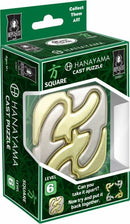 The Hanayama Cast Square is a challenging mechanical puzzle. The puzzle, housed in an eye-catching green and silver packaging, features intricate interlocking metal pieces, designed to be disassembled and reassembled. Vivid graphics highlight the level 6 difficulty and encourage puzzlers to 'take it apart' and 'put it back together'.